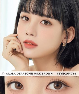 Model showcasing the natural look using Olola Dearsome Milk Brown (KR) prescription color contacts, above a closeup of a pair of eyes transformed by the color contact lenses