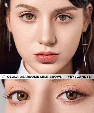 Model showcasing the natural look using Olola Dearsome Milk Brown (KR) prescription color contacts, above a closeup of a pair of eyes transformed by the color contact lenses