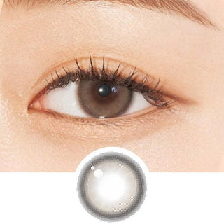 Close-up shot of model's eye adorned with Gemhour Everyday Essentials Beige daily color contact lenses with prescription, complemented by clean eye makeup, showing the brightening and enlarging effect of the circle contact lens on dark brown eyes, above a cutout of the contact lens pattern with limbal ring on a white background.