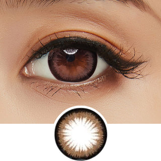 Detailed view of Bambi Almond Brown Color Contact Lens for Dark Eyes, with minimal eye makeup, showing the iridescent color of the lens design.