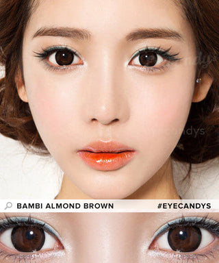 Asian model wearing Pink Label Bambi Almond Brown contact lens with a closeup of eyes transformed by Almond Brown contacts