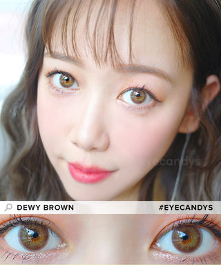 Woman wearing Pink Label Dewy Brown contact lenses, above a cutout of her eyes closeup on the bottom, showing the opacity of the contact lens on dark eyes