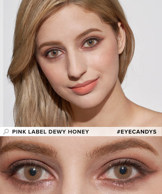 Woman wearing Pink Label Dewy Honey contact lenses, above a cutout of her eyes closeup on the bottom, showing the opacity of the contact lens on dark eyes