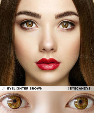 Model wearing the Eyelighter Brown colored contacts for astigmatism, wearing doe-eyed makeup and glam red lipstick. The bottom shows a closeup of her eyes adorned with the grey contacts for prescription, showing the eye-widening effect of the circle lens' limbal ring.