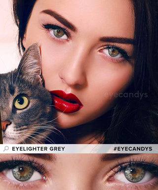 Model wearing the Eyelighter Grey colored contacts for astigmatism, holding a cat and wearing glam red lipstick. The bottom shows a closeup of her eyes adorned with the grey contacts for prescription, showing the eye-widening effect of the circle lens' limbal ring.