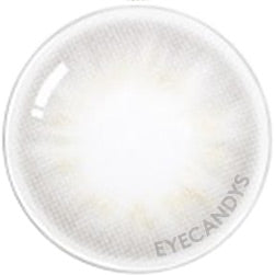 The Pink Label Flirty Grey contact lens design from EyeCandys is presented on a white backdrop, drawing attention to its intricate pixelated pattern.