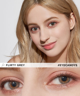 An elaborate depiction presenting the Pink Label Flirty Grey contact lens worn by a model, accentuated with peach eyeshadow. There is a separate close-up image focusing solely on the lens.