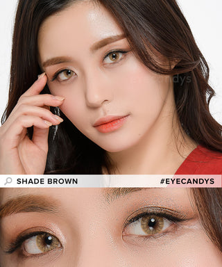 Model wearing bright brown contact lenses above a cut-out of close-up of dark eyes wearing the same brown contacts