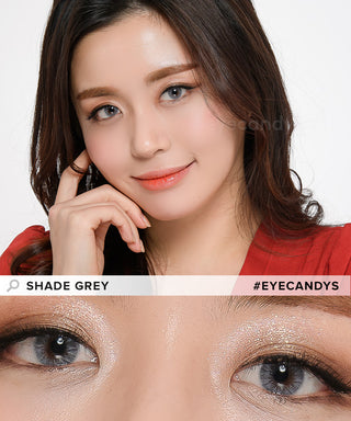 Smiling model wearing grey contact lenses on top of her dark eyes juxtaposed with a composite of an eye wearing the same Shade Grey lens and the design of the lens itself.