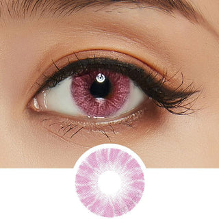 Macro shot of pink contact lens with intricate spokes design, modelled on a dark brown eye with natural eye makeup