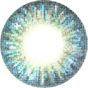 Close up detailed view of a blue contact lens design showing dots and a radial pattern designed to cover underlying iris color