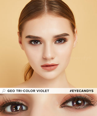 Model wearing the GEO Tri-Color Violet colored contact lenses for dark eyes, above a closeup of her eyes wearing the purple colored contacts prescription, showcasing the natural yet transformative effect and pixel-detail.