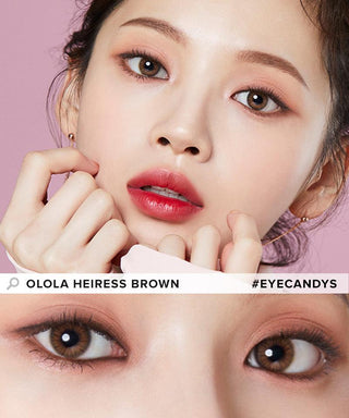 Model showcasing the natural look using Olola Heiress Brown (KR) prescription color contacts, above a closeup of a pair of eyes transformed by the color contact lenses