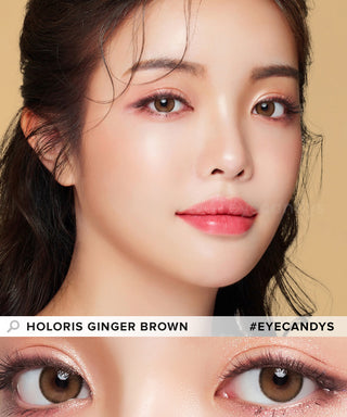 Close-up of a model's face highlighting the brown eyes with LensMe Holoris contacts