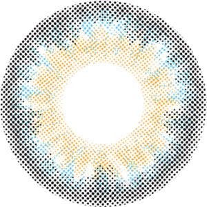 Graphic design of Lilmoon Monthly Water Water Blue-Grey (Prescription) circle contact lens packaging with dot pattern and detailed limbal ring, designed to enlarge the eyes