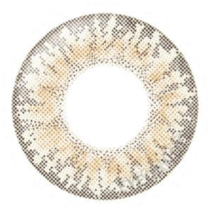 Graphic design of Lilmoon Monthly Cream Beige (Prescription) circle contact lens packaging with dot pattern and detailed limbal ring, designed to enlarge the eyes