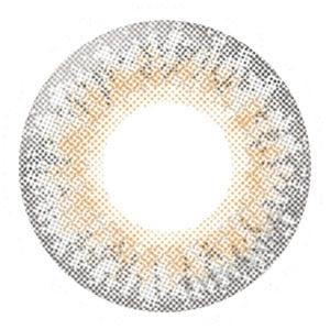 Graphic design of Lilmoon Monthly Cream Grege (Non Prescription) circle contact lens packaging with dot pattern and detailed limbal ring, designed to enlarge the eyes