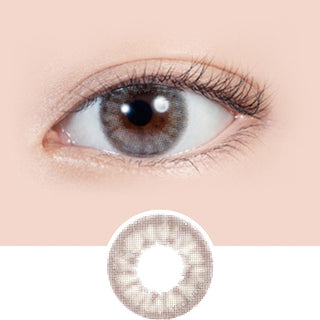 Close-up shot of model's eye adorned with Lilmoon 1-Day Smokey Beige (10pk) color contact lenses prescription, paired with clean-girl eye makeup, showing the brightening and enlarging effect of the circle contact lens on dark brown eyes, above a cutout of the contact lens with limbal ring on a white background.