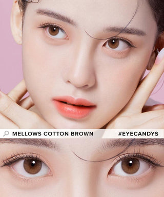 Model showcasing the natural look using Olola Mellows Cotton Brown (KR) prescription color contacts, above a closeup of a pair of eyes transformed by the color contact lenses