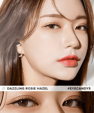 Model showcasing the natural look using Olola Dazzling 1-Day Rosie Hazel (10pk) (KR) prescription color contacts, above a closeup of a pair of eyes transformed by the color contact lenses
