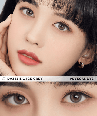 Model showcasing the natural look using Olola Dazzling 1-Day Ice Grey (10pk) (KR) prescription color contacts, above a closeup of a pair of eyes transformed by the color contact lenses