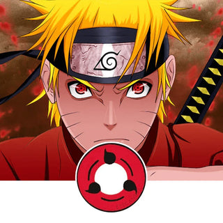 Sharingan Eyes Contact Lenses - Naruto Eyes Contact Lenses from EyeCandys, showing the cosplayed character and a cutout of the red contact lens design