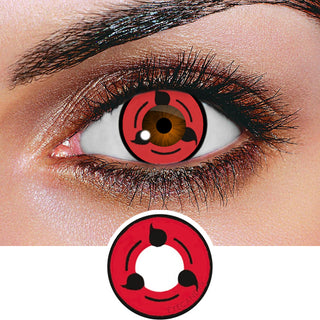 Sharingan Eyes Contact Lens worn on a brown eye for cosplay purpose, above a cutout of the red contact lens design