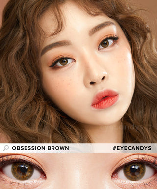 Female model wearing Obsession Brown color contact lenses for dark eyes with complementary neutral eyeshadow, above a close-up of her naturally dark eyes enhanced with brown contacts.