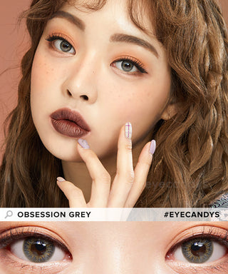 Female model wearing Obsession Grey color contact lenses for dark eyes with complementary neutral eyeshadow, above a close-up of her naturally dark eyes enhanced with grey contacts.