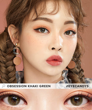 Female model wearing Obsession Khaki Green color contact lenses for dark eyes with complementary neutral eyeshadow, above a close-up of her naturally dark eyes enhanced with olive-green contacts.