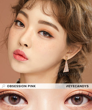 Female model wearing Obsession Pink color contact lenses for dark eyes with complementary neutral eyeshadow, above a close-up of her naturally dark eyes enhanced with pink-brown contacts.