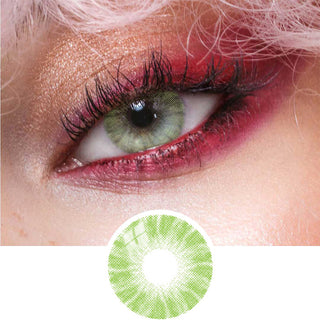 Close-up view of natural green colour contact lens on a medium brown eye, paired with bold red eye makeup, next to a cutout of the contact lens