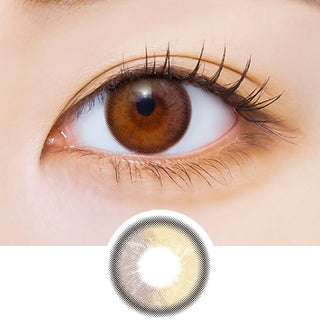 Macro shot of an eye wearing the i-Sha Polaris Ursa Brown prescription colour contact lens, showing the multi-colored detail and natural effect on dark brown eyes, with clean eye makeup. At the bottom is the pattern of the colored lens design, showing the dotted detail and pigmentation.