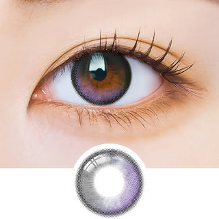 Macro shot of an eye wearing the i-Sha Polaris Ursa Deep Wine Purple prescription colour contact lens, showing the multi-colored detail and natural effect on dark brown eyes, with clean eye makeup. At the bottom is the pattern of the colored lens design, showing the dotted detail and pigmentation.