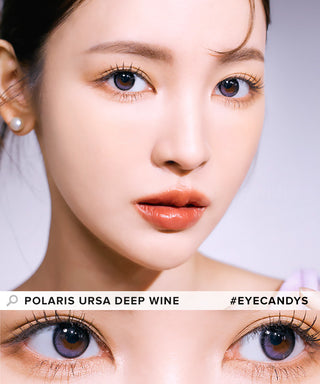 Model showcasing the natural look using i-Sha Polaris Ursa Deep Wine Purple prescription colored contact lenses, above a closeup of a pair of eyes enhanced and widened by the circle lenses.
