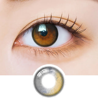 Macro shot of an eye wearing the i-Sha Polaris Ursa Grey prescription colour contact lens, showing the multi-colored detail and natural effect on dark brown eyes, with clean eye makeup. At the bottom is the pattern of the colored lens design, showing the dotted detail and pigmentation.