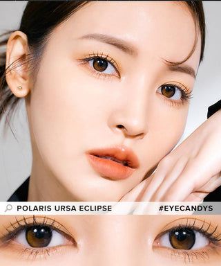 Model showcasing the natural look using i-Sha Polaris Ursa Eclipse Black prescription colored contact lenses, above a closeup of a pair of eyes enhanced and widened by the circle lenses.