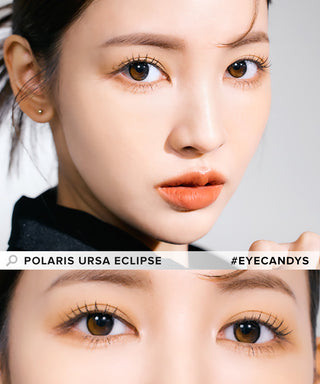 Model showcasing the natural look using i-Sha Polaris Ursa Grey prescription colored contact lenses, above a closeup of a pair of eyes enhanced and widened by the circle lenses.