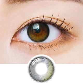 Macro shot of an eye wearing the i-Sha Polaris Ursa Olive Green prescription colour contact lens, showing the multi-colored detail and natural effect on dark brown eyes, with clean eye makeup. At the bottom is the pattern of the colored lens design, showing the dotted detail and pigmentation.