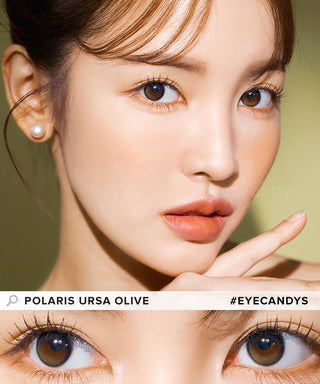 Model showcasing the natural look using i-Sha Polaris Ursa Olive Green prescription colored contact lenses, above a closeup of a pair of eyes enhanced and widened by the circle lenses.