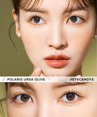 Model showcasing the natural look using i-Sha Polaris Ursa Olive Green prescription colored contact lenses, above a closeup of a pair of eyes enhanced and widened by the circle lenses.