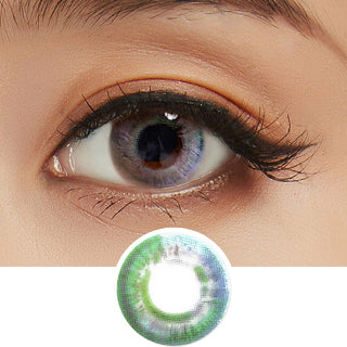 Close up of Prism Grey Color Contact Lens for Dark Eyes, with minimal eye makeup, showing the iridescent color of the lens design.