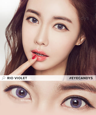Asian model displays Rio Grey Violet purple contact lenses from EyeCandys, emphasizing the enhanced eyes in a close-up photograph at the bottom.
