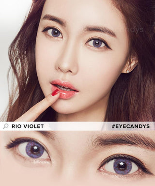 Asian model displays Rio Violet purple contact lenses from EyeCandys, emphasizing the enhanced eyes in a close-up photograph at the bottom.