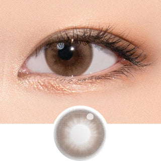 Close-up shot of model's eye adorned with Gemhour Selene Hazel daily color contact lenses with prescription, complemented by clean eye makeup, showing the brightening and enlarging effect of the circle contact lens on dark brown eyes, above a cutout of the contact lens pattern with limbal ring on a white background.