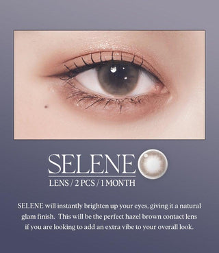 Asian model demonstrating a K-idol-inspired look with Gemhour Selene Hazel coloured contact lenses, highlighting the instant brightening and enlarging effect of the circle contact lenses over dark irises.