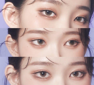 Asian model demonstrating a K-idol-inspired look with Gemhour Selene Hazel coloured contact lenses, highlighting the instant brightening and enlarging effect of the circle contact lenses over dark irises.