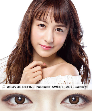 Model wearing Acuvue Define Radiant Sweet Choco Circle Lens Dailies, above a closeup of her eyes wearing the prescription colour contacts on dark eyes.