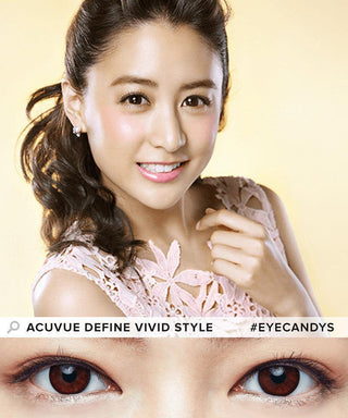 Model wearing Acuvue Define Vivid Black Circle Lens Dailies, above a closeup of her eyes wearing the prescription colour contacts on dark eyes.