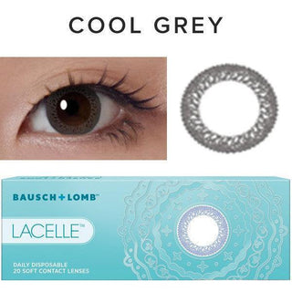 Collage showing Close-up shot of a model eye wearing Lacelle Cool Gray colored contact lens in one eye that is naturally dark-brown with natural eye make up and lashes, Single Lacelle Cool Gray contact lens on a white surface showing the pixel detail, and the box or packaging of Lacelle Cool Gray 20 soft contact lenses